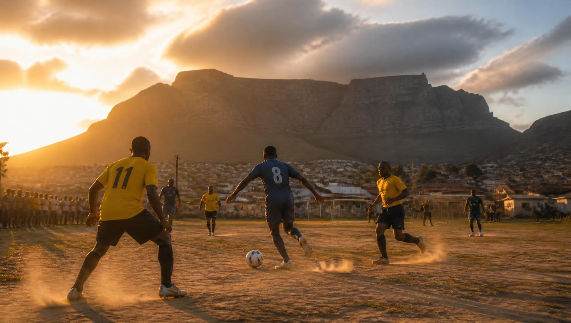 Amateur football match on a Cape Town pitch with Table Mountain behind